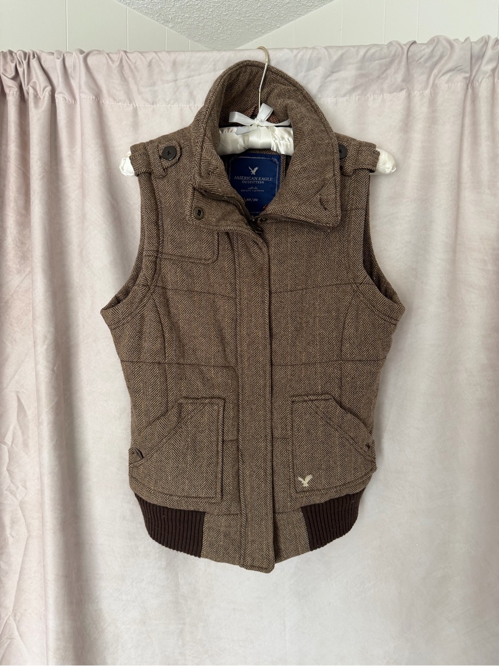 American Eagle Outfitters Brown Herringbone Quilted Wool-Blend Puffer Vest